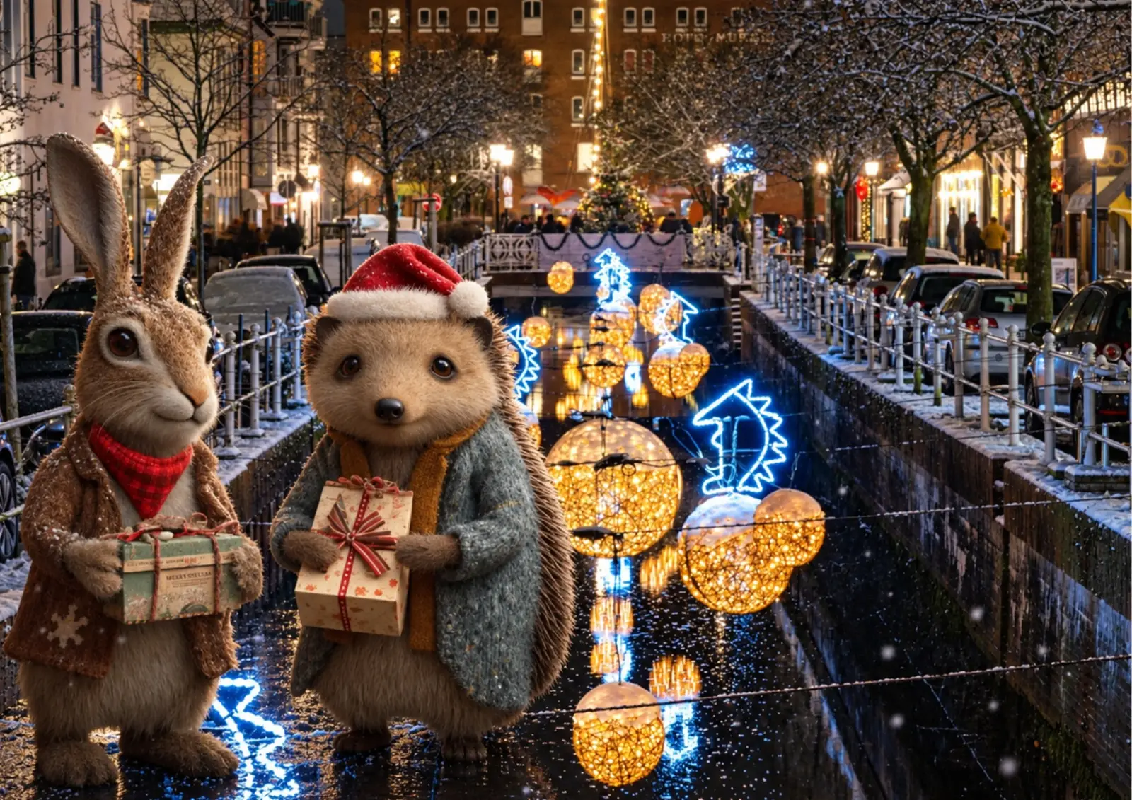Hase und Igel mit Geschenken, der Igel mit Weihnachtsmütze, am verschneiten Westfleth in Buxtehude, über dem Wasser leuchten Lichtkugeln und blaue Lichtfiguren