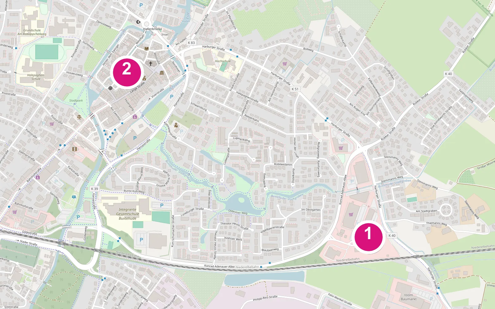 Karte von Buxtehude mit den Verkaufsstellen: 1 Das Futterhaus Buxtehude, Konrad-Adenauer-Allee 3b; 2 's Fachl, Breite Straße 17